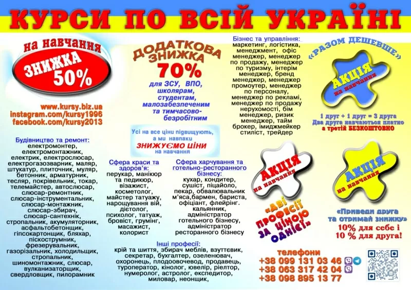 Курси бухгалтер,  перукар,  манікюр,  зварник,  електрик,  кухар,  слюсар